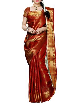 white and red kanjivaram silk saree with blouse - 13885563 - Standard Image - 3