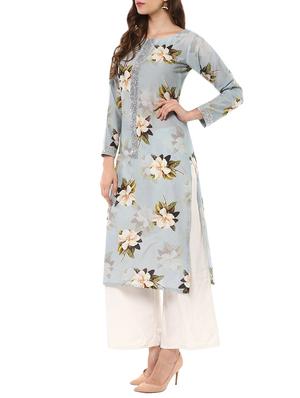 sky blue cotton printed straight kurta - 13927913 - Standard Image - 3