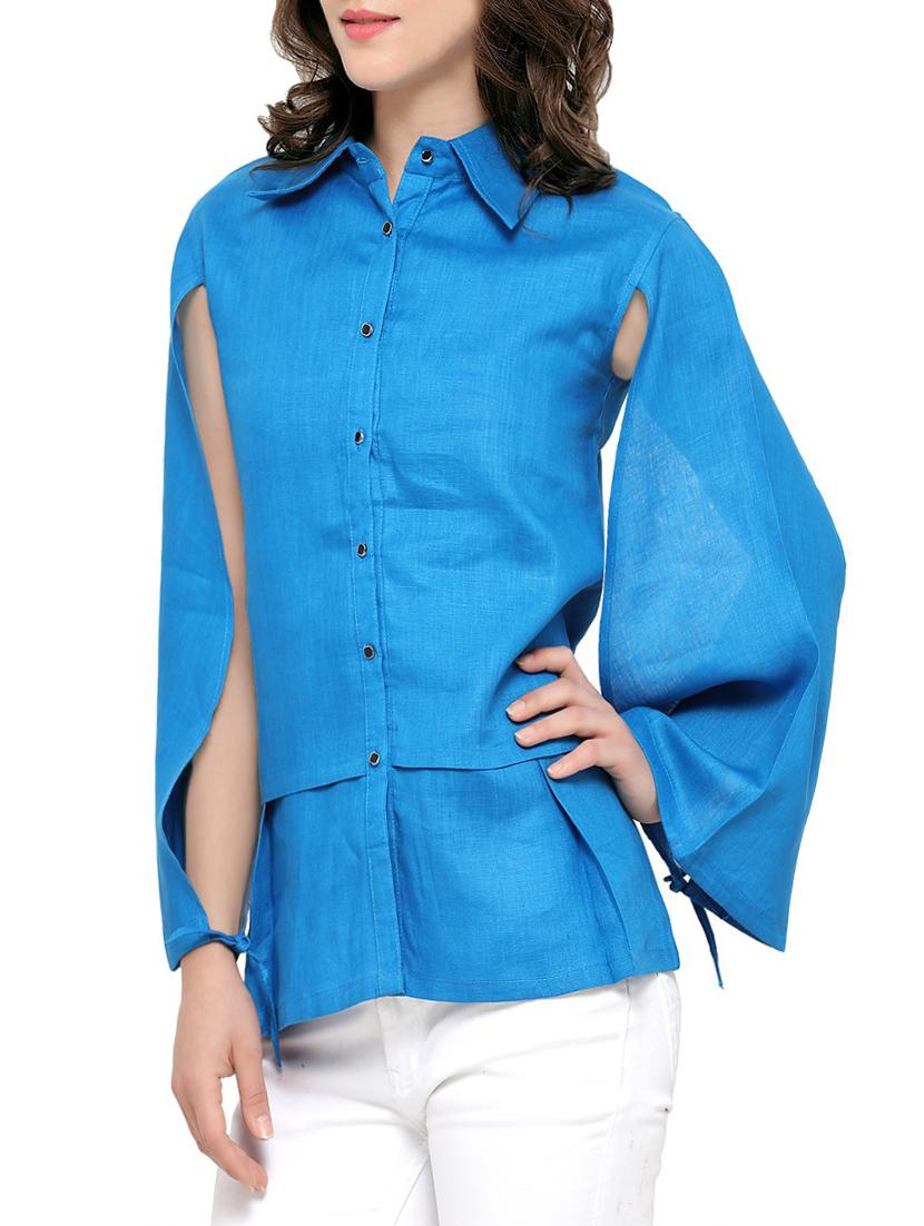 light blue linen slit sleeve shirt