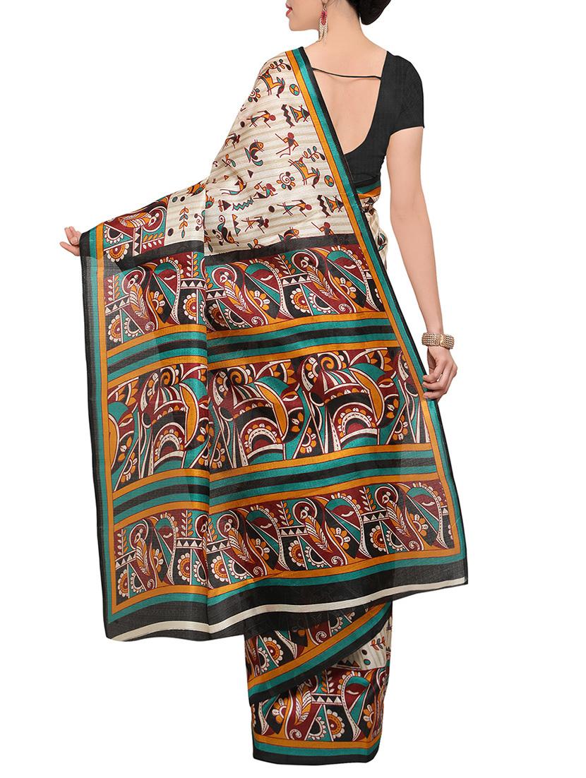 beige art silk printed saree with blouse - 13950793 - Zoom Image - 3