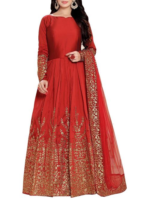 red silk embroidered anarkali semi-stitched suit - 13972987 - Standard Image - 1