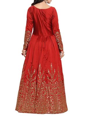 red silk embroidered anarkali semi-stitched suit - 13972987 - Standard Image - 3