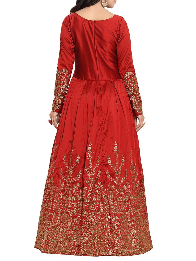 red silk embroidered anarkali semi-stitched suit - 13972987 - Zoom Image - 3