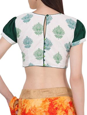 White & green cotton block printed stitched blouse - 13993950 - Standard Image - 3