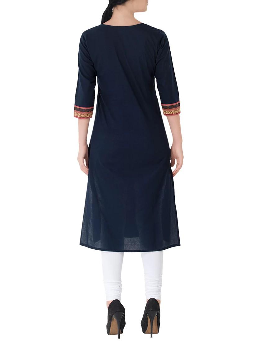 blue cotton straight kurta - 14050892 - Zoom Image - 3