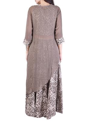 brown georgette asymmetrical kurta with inner and palazzo set - 14053149 - Standard Image - 3