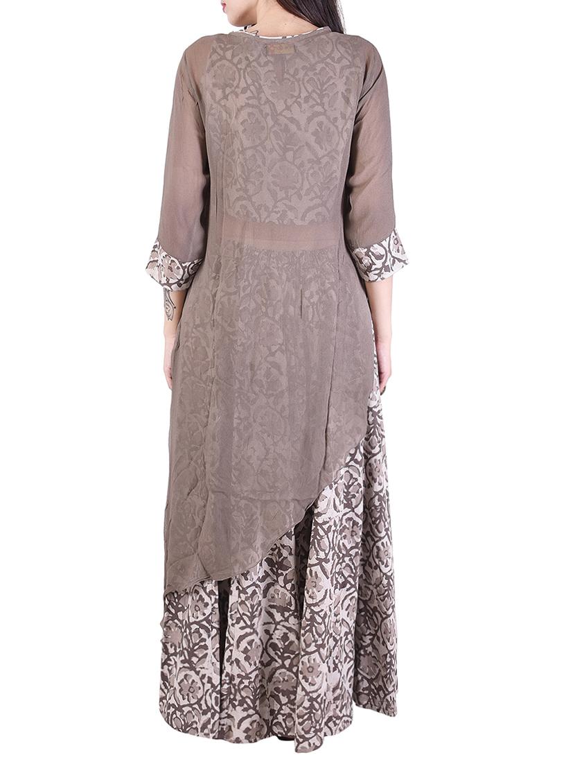 brown georgette asymmetrical kurta with inner and palazzo set - 14053149 - Zoom Image - 3