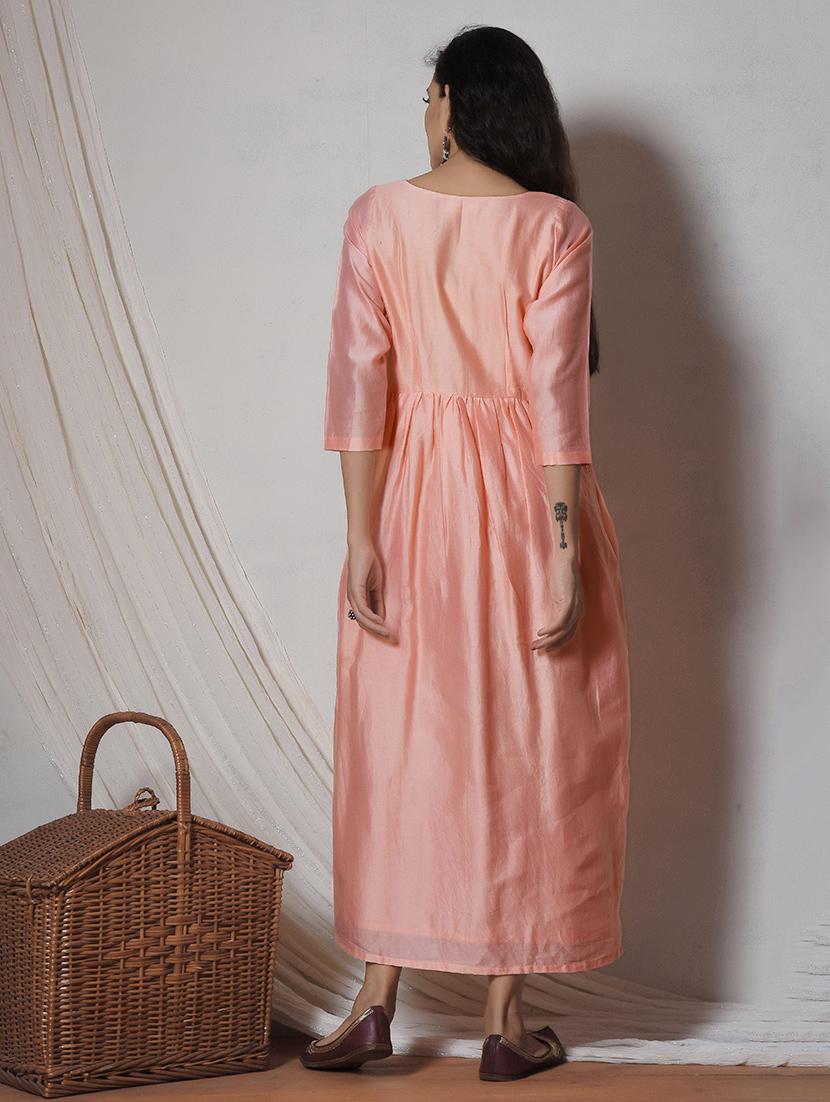 Peach chanderi flared kurta with pocket - 14068666 - Zoom Image - 3