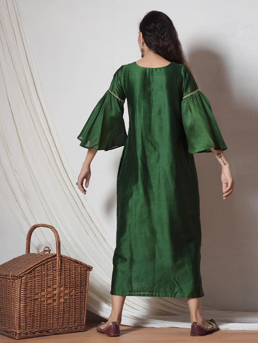 Green chanderi silk kurta - 14068669 - Zoom Image - 3