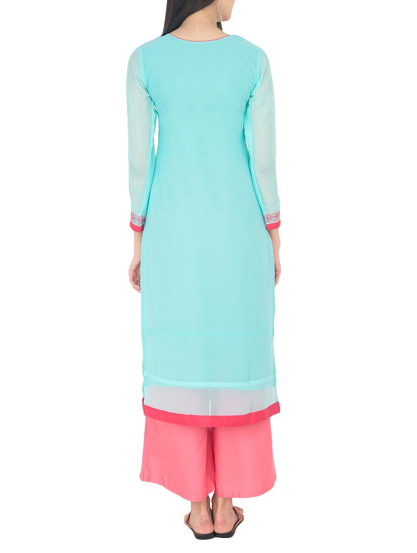 Turquoise georgette straight kurta - 14105157 - Zoom Image - 3