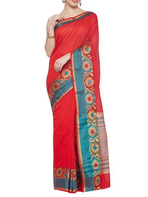 red cotton silk bordered saree with blouse - 14114994 - Standard Image - 1