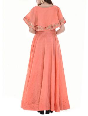 orange solid chanderi silk gown dress - 14128554 - Standard Image - 3
