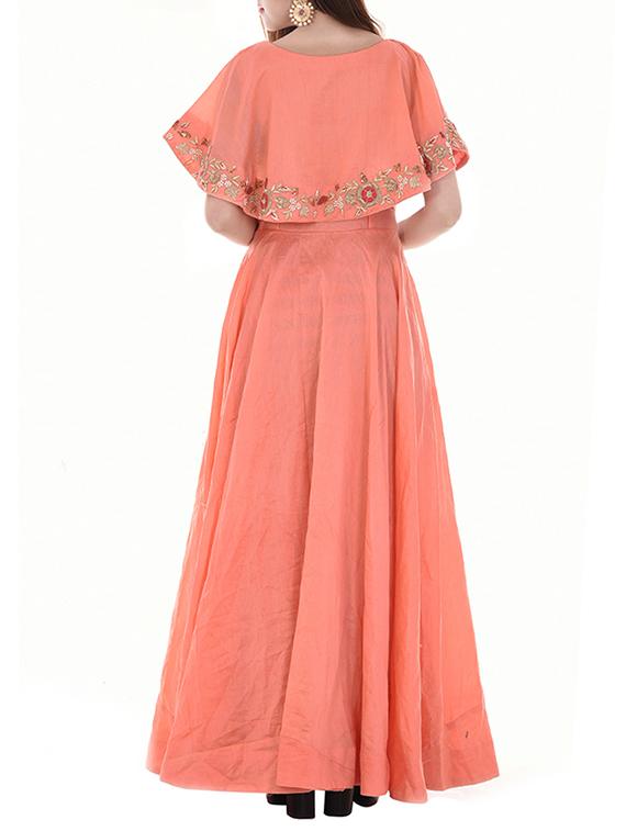 orange solid chanderi silk gown dress - 14128554 - Zoom Image - 3