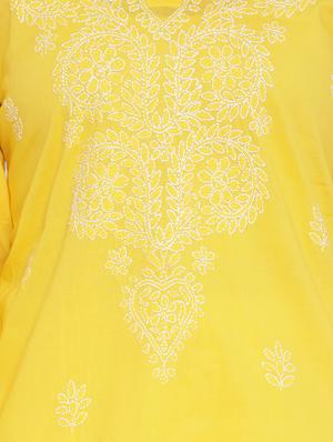 ada yellow cotton chikankari kurta - 14136036 - Standard Image - 3