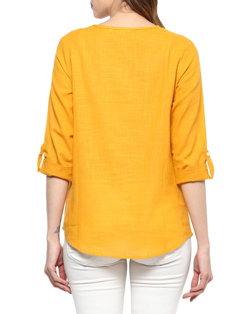 yellow cotton straight kurti - 14150727 - Zoom Image - 3