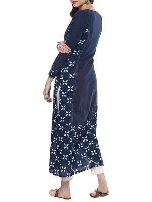 blue cotton straight kurta - 14153254 - Standard Image - 3