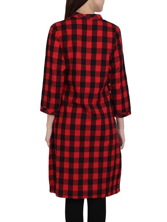 red cotton straight kurta - 14167866 - Zoom Image - 3