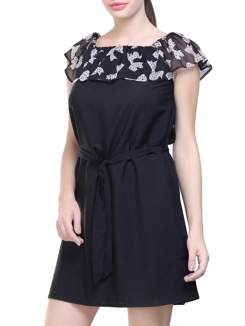 black printed poly crepe belted dress - 14231595 - Zoom Image - 3