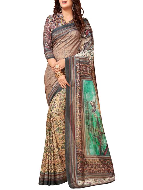 Beige printed saree with blouse - 14232453 - Very Small Image - 1