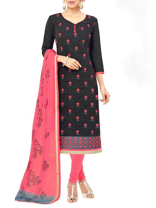 black poly cotton embroidered un-stitched dress material - 14248424 - Very Small Image - 1