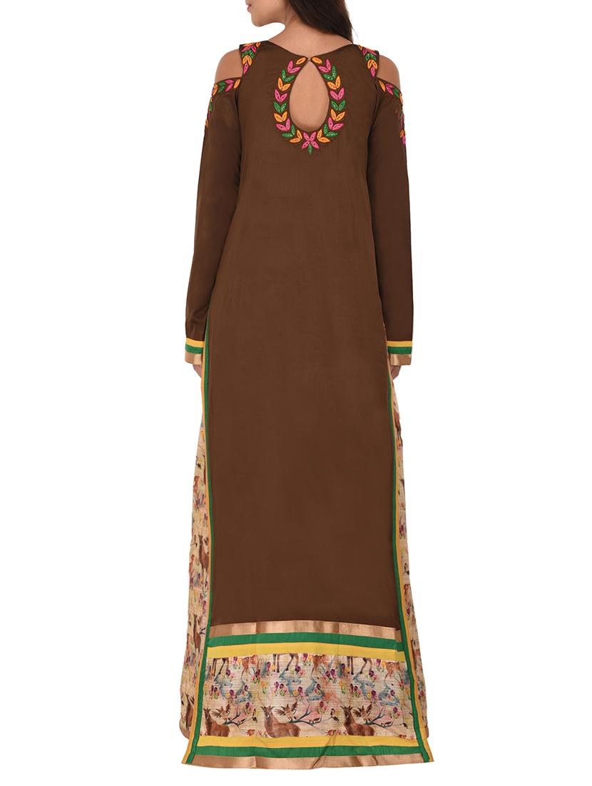 Brown silk layered A-line kurta - 14253063 - Zoom Image - 3
