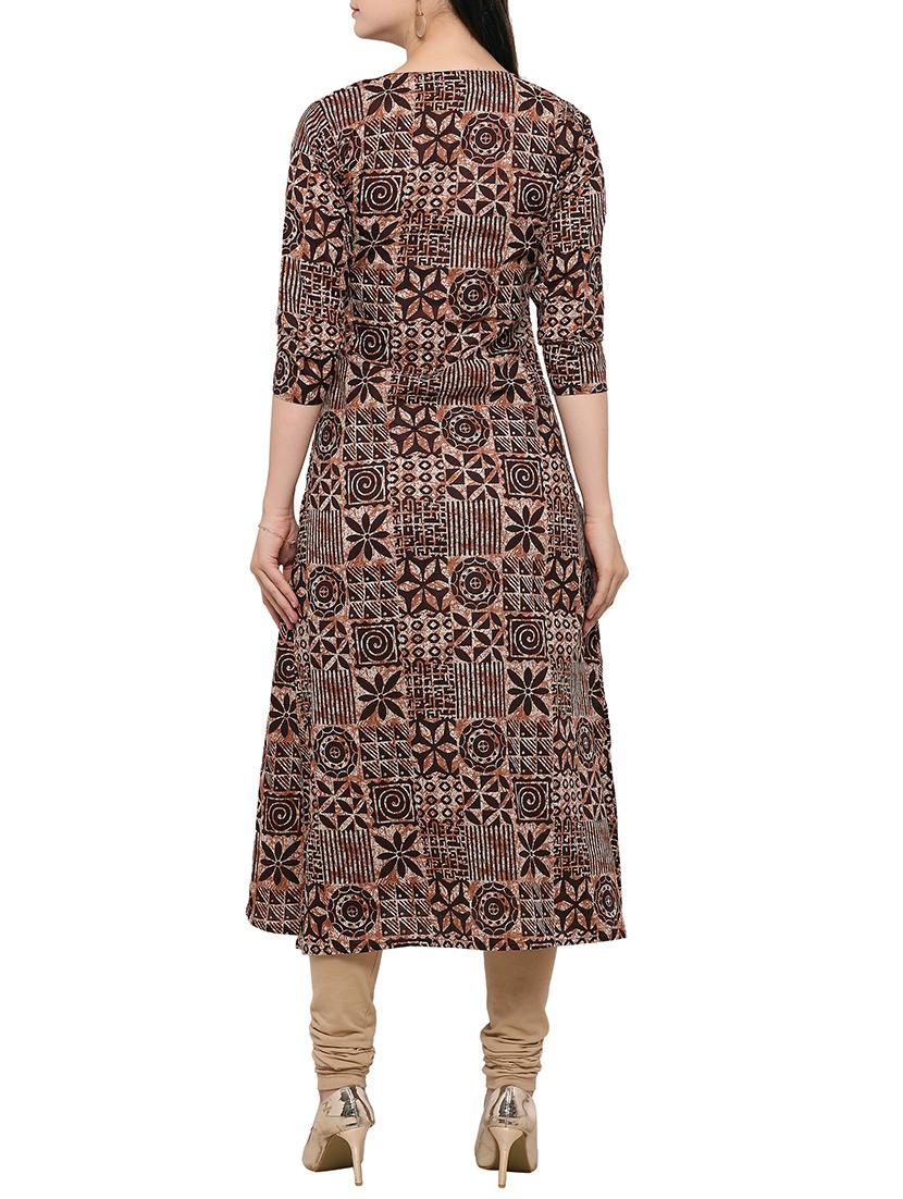 brown cotton flared kurta - 14319202 - Zoom Image - 3