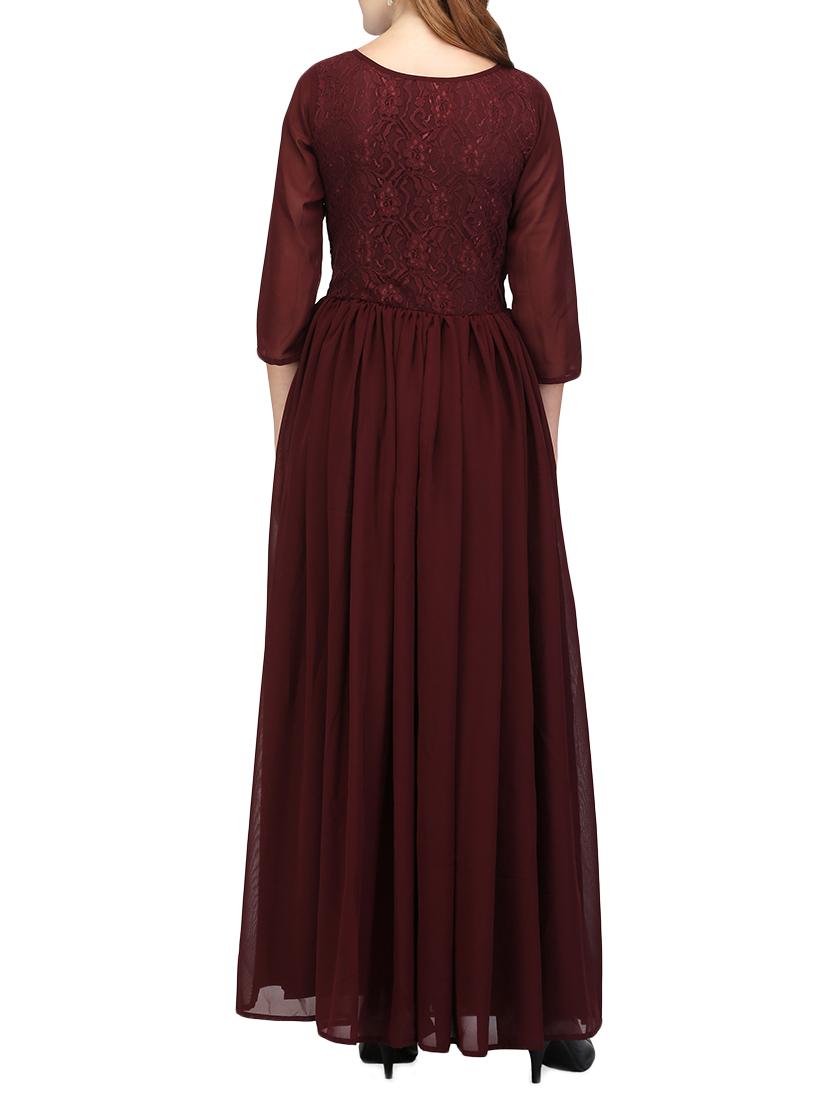 solid maroon georgette gown - 14329845 - Zoom Image - 3