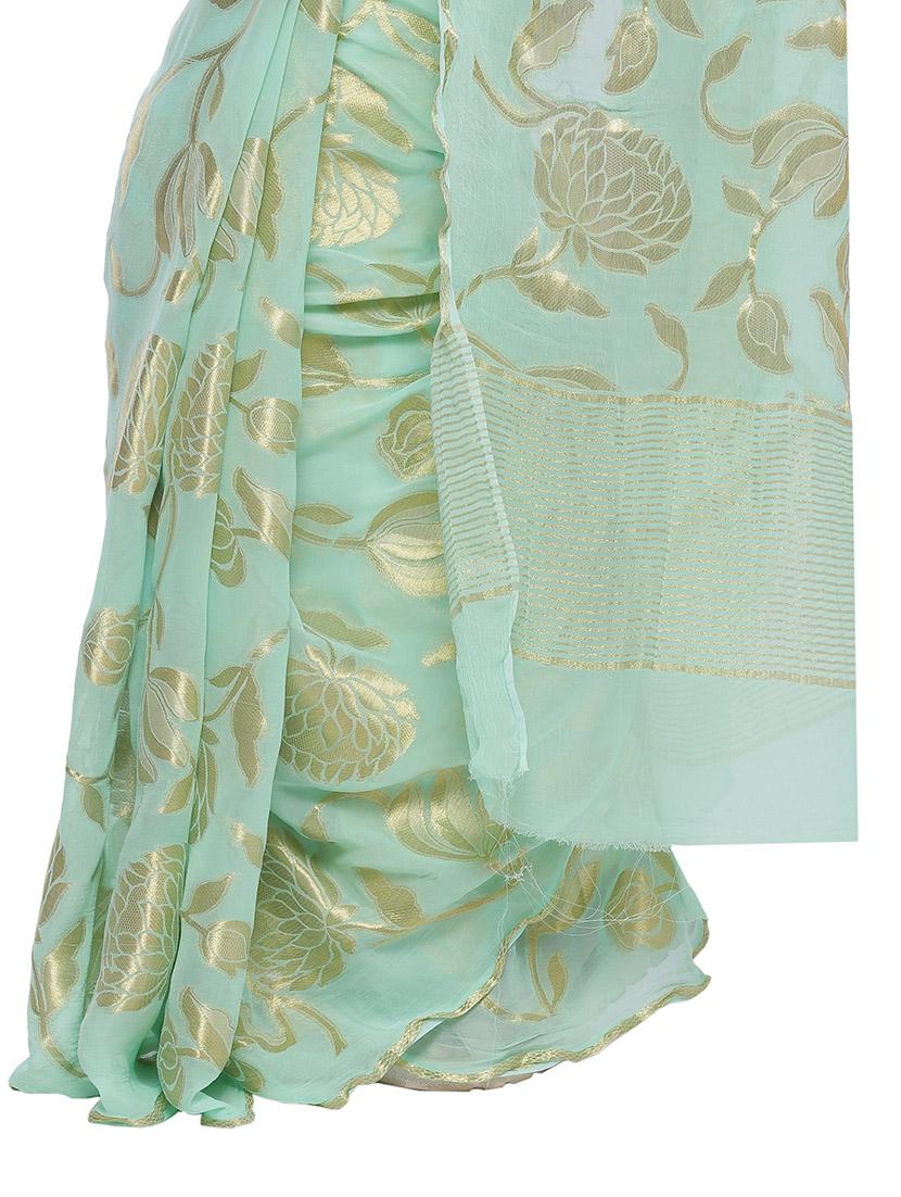 green georgette woven saree with blouse - 14346832 - Zoom Image - 3
