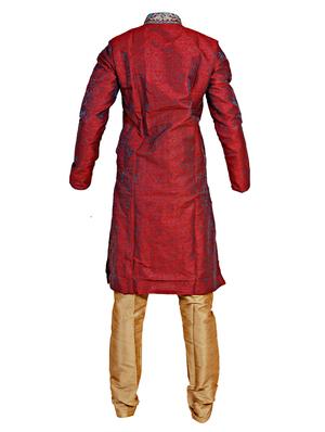 red and brown silk blend kurta set - 14352800 - Standard Image - 3
