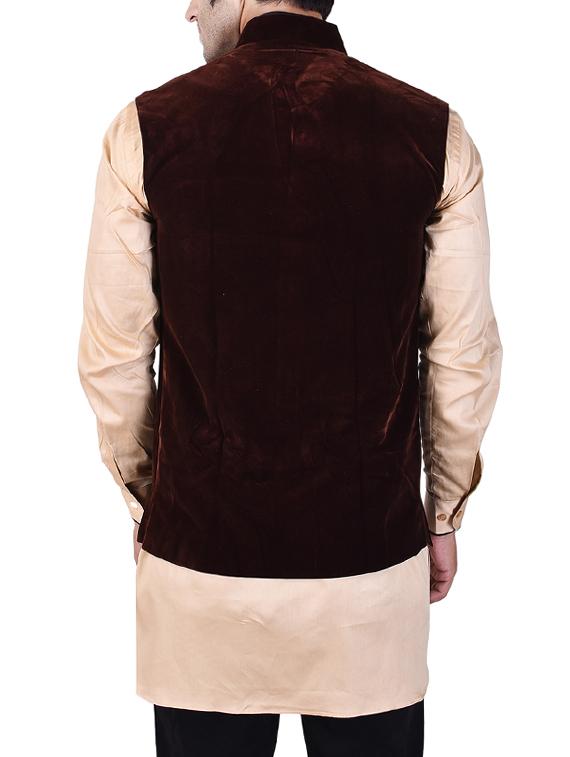 brown velvet nehru jacket - 14361335 - Zoom Image - 3
