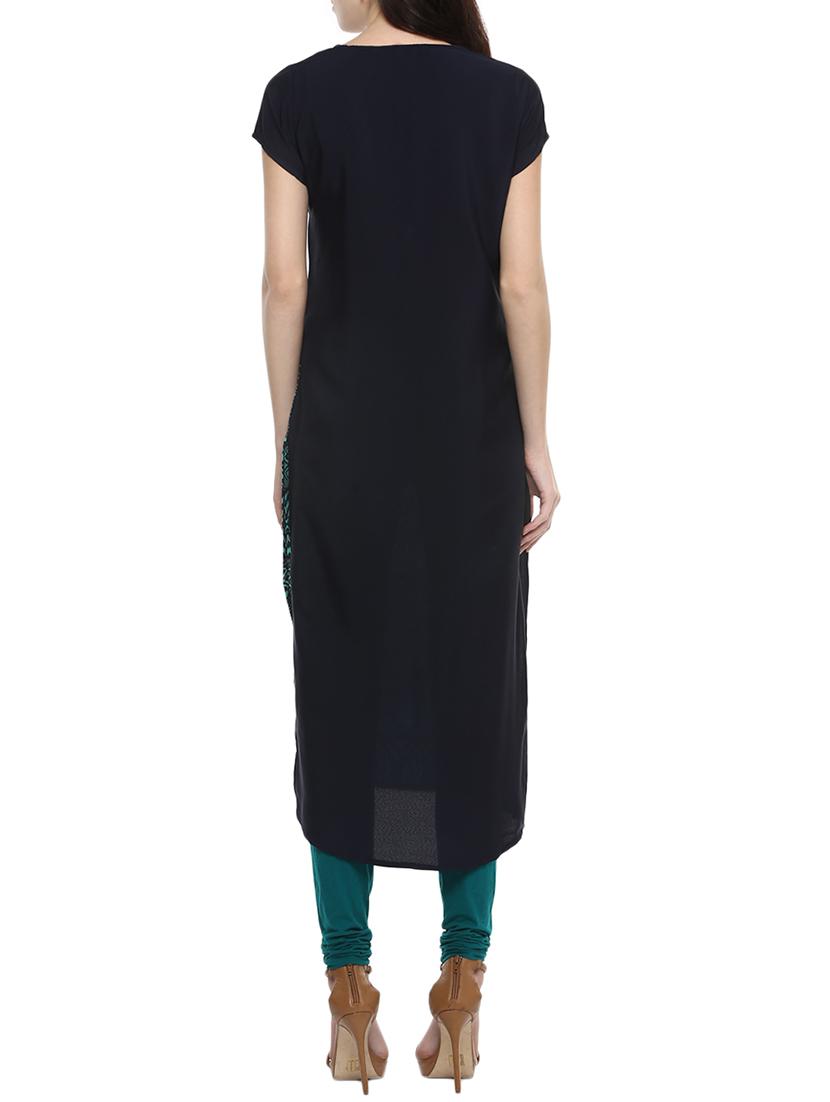 green poly crepe straight kurta - 14363886 - Zoom Image - 3