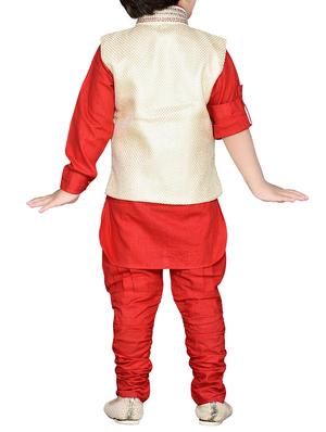 red silk blend kurta, pyjama & waistcoat set - 14375254 - Standard Image - 3