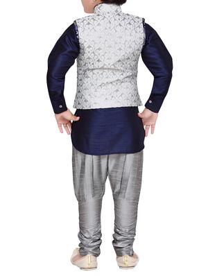 silver silk blend kurta set - 14375516 - Standard Image - 3