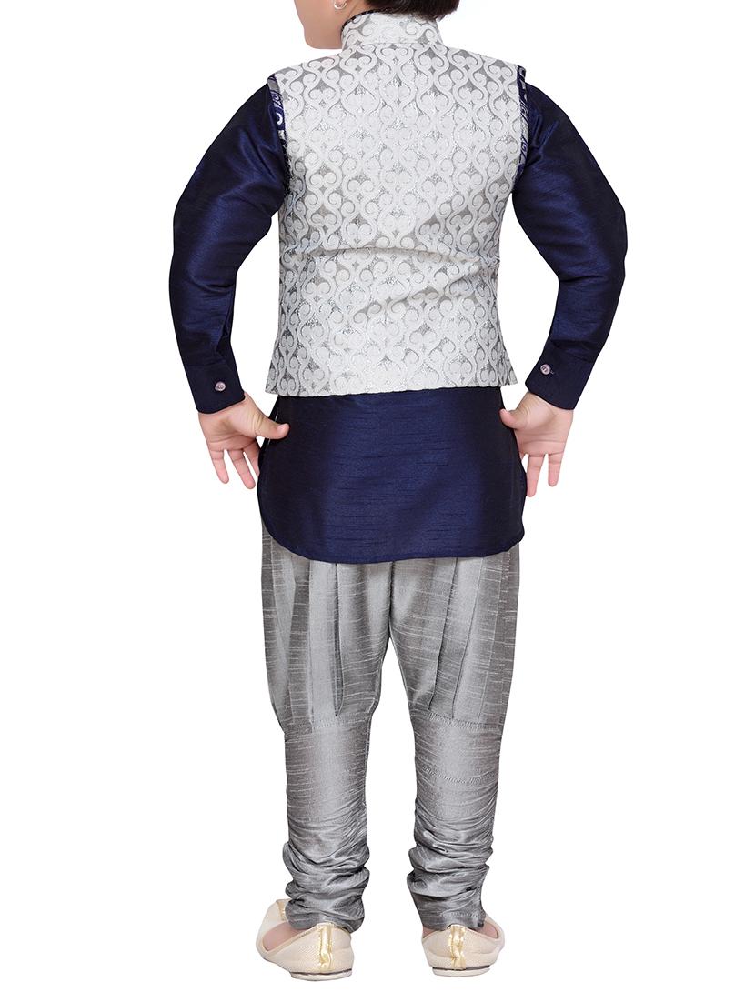 silver silk blend kurta set - 14375516 - Zoom Image - 3