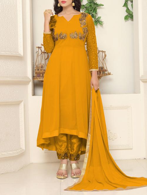 mustard high low semi-stitched suit - 14384947 - Very Small Image - 1