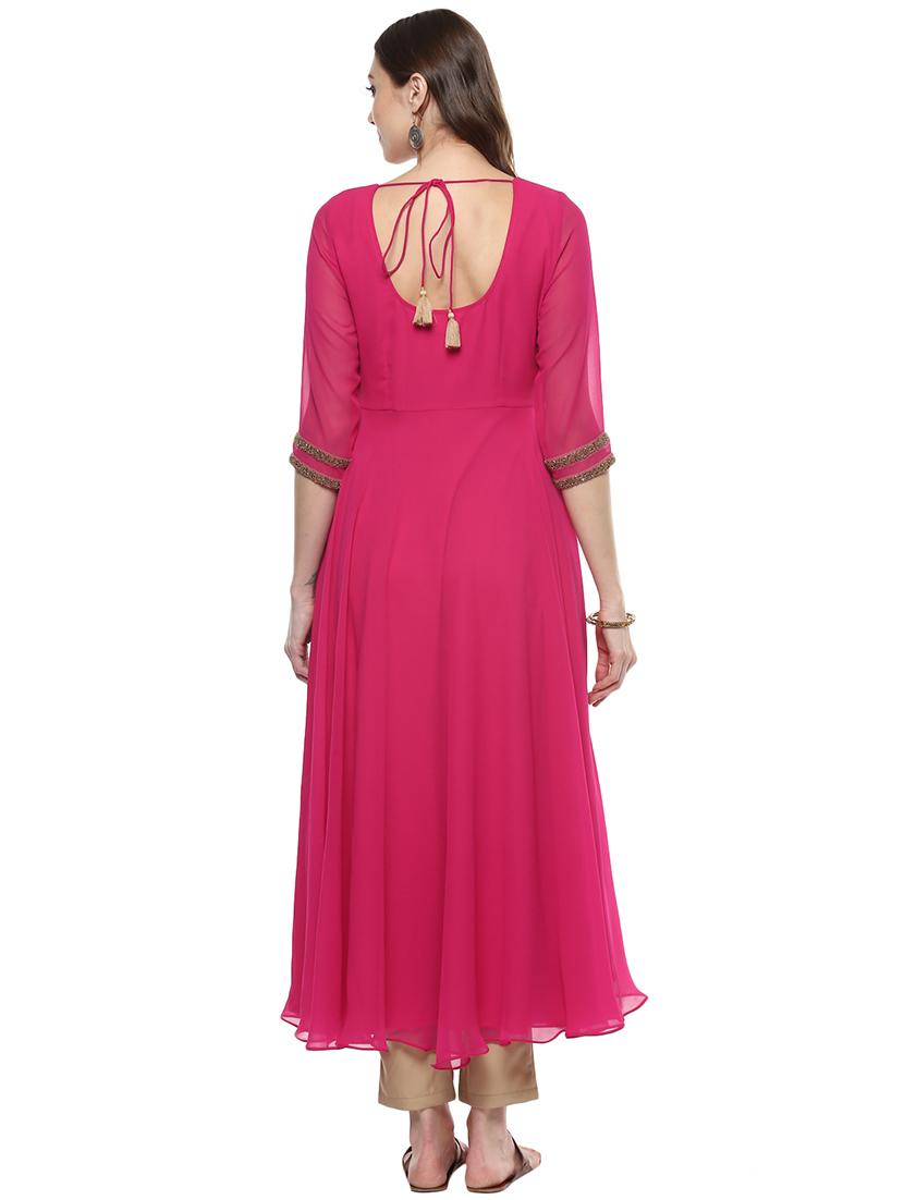 pink poly georgette flared kurta - 14420469 - Zoom Image - 3