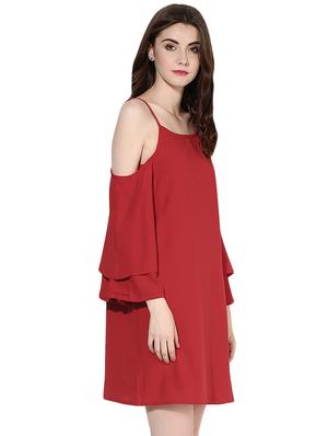 red cold shoulder ruffle dress - 14422056 - Standard Image - 3