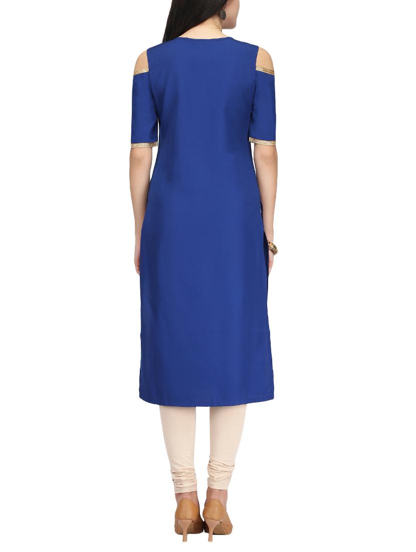 blue crepe straight solid kurta - 14461873 - Zoom Image - 3