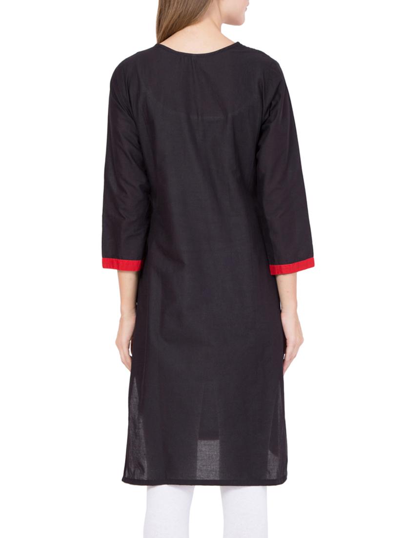 black cotton straight kurta - 14469217 - Zoom Image - 3