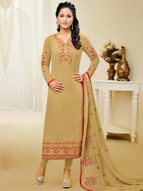 beige georgette churidaar suit dress material - 14469740 - Very Small Image - 1