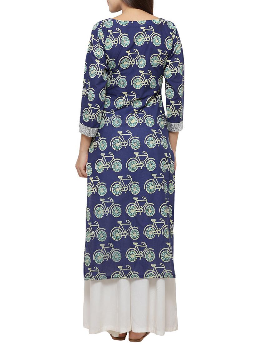 blue cotton straight kurta - 14478904 - Zoom Image - 3