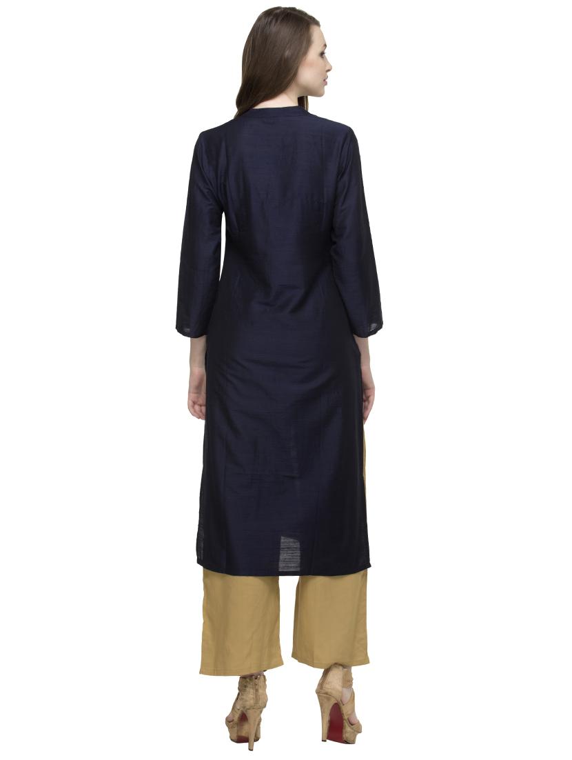 blue silk blend high slit kurta - 14479336 - Zoom Image - 3