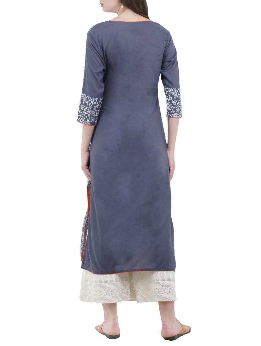 Grey cotton straight kurta - 14491932 - Zoom Image - 3