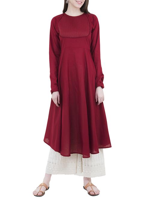 maroon cotton flared kurta - 14497566 - Very Small Image - 1