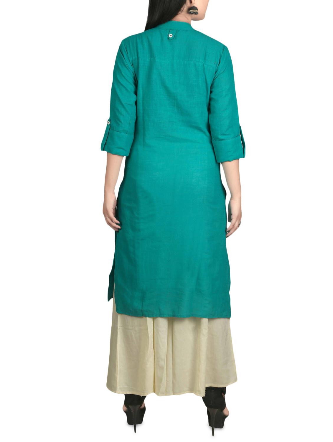 green cotton straight kurta - 14497989 - Zoom Image - 3