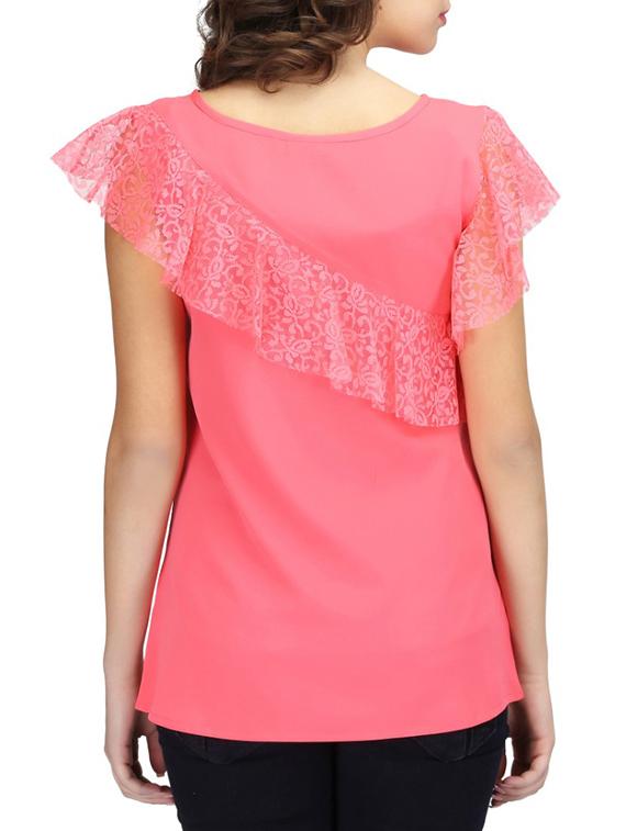 Boat neck ruffled mesh top - 14506325 - Zoom Image - 3