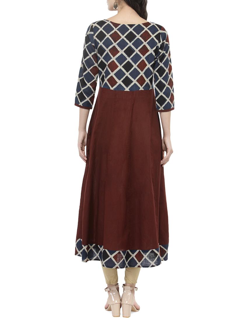 brown cotton anarkali kurta - 14521485 - Zoom Image - 3