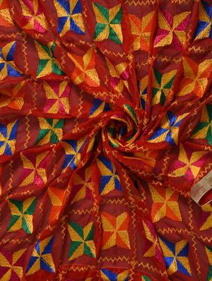 red nylon phulkari dupatta - 14521695 - Standard Image - 3