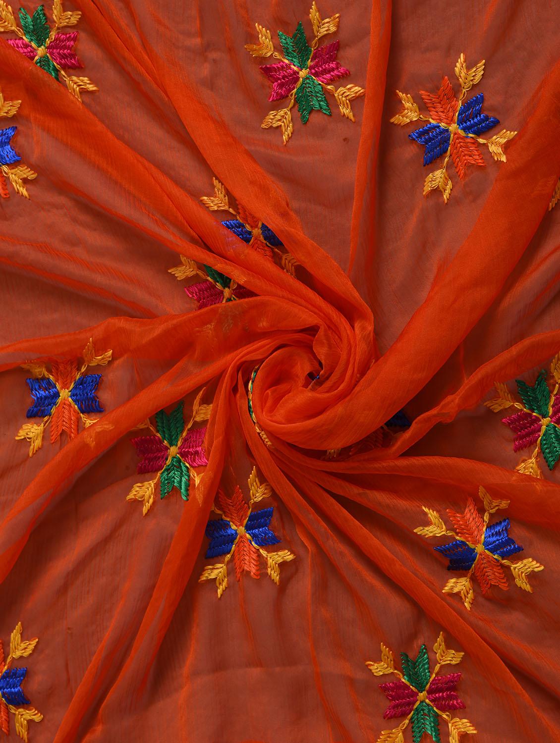 orange nylon phulkari dupatta - 14521701 - Zoom Image - 3