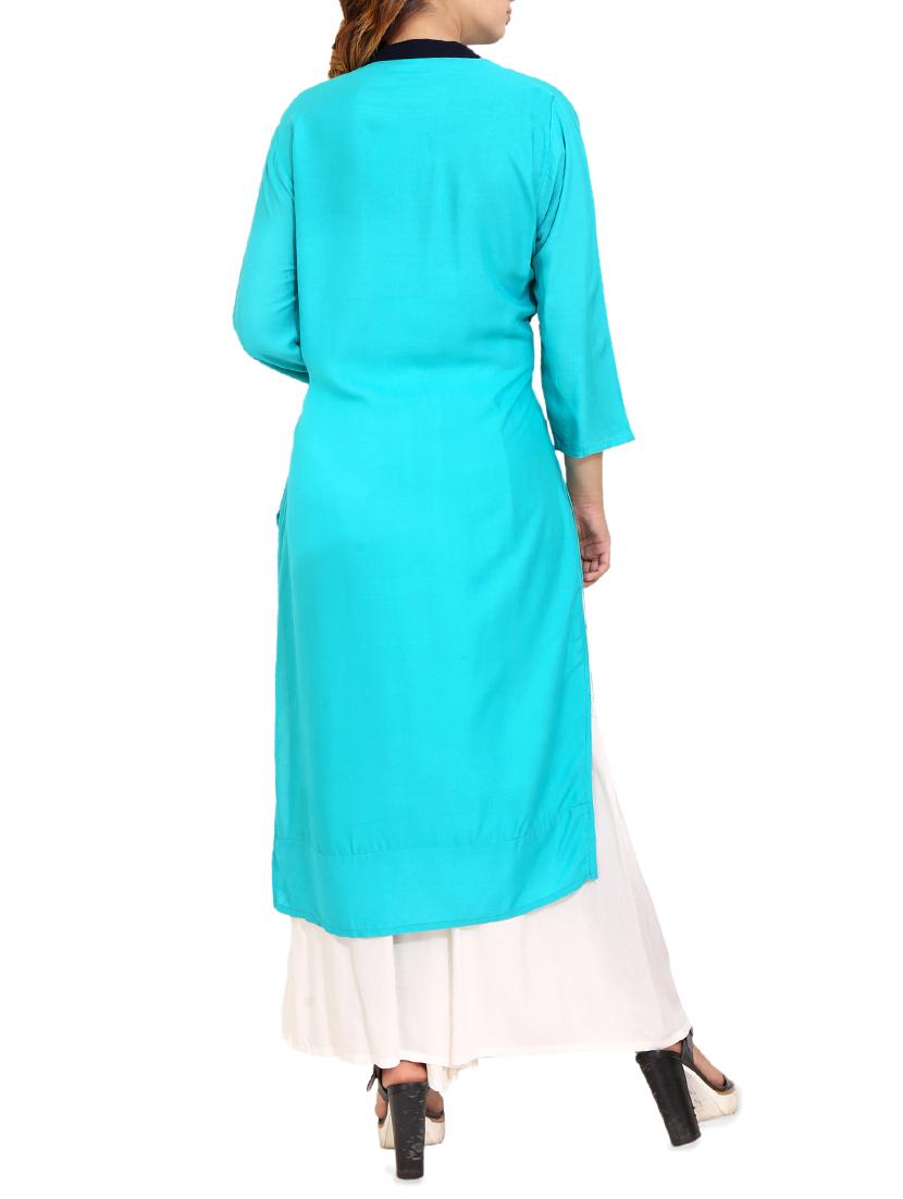 blue rayon straight kurta - 14531354 - Zoom Image - 3